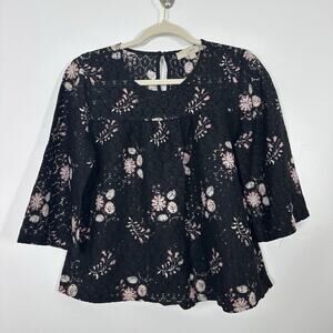 Loft Womens M Black Floral Sheer Lace 3/4 Sleeve Cottagecore Workwear Blouse